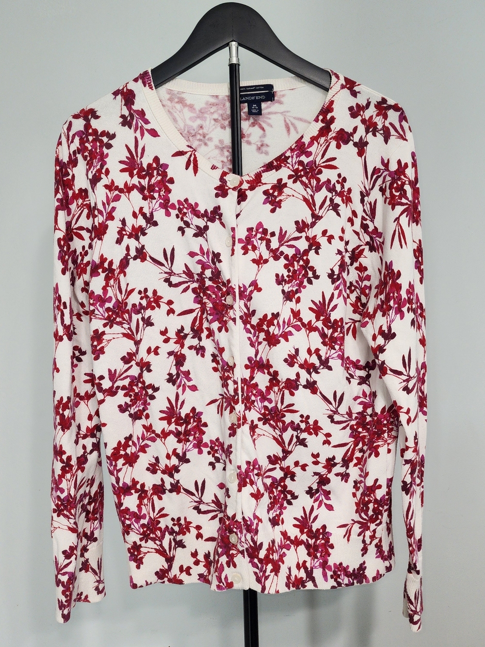 Lands' End White Cardigan Cotton with Red Floral Print Size M 8-10